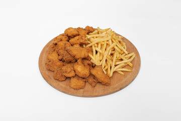 fried crispy wings, chicken nuggets, onion rings and french fries