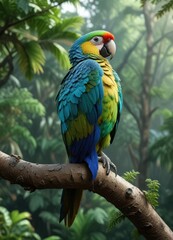 Colorful parrot with blue green feathers perched on a tropical branch in the forest canopy, forest habitat, vibrant plumage, foliage