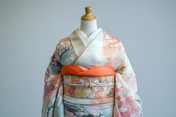 Naklejka premium Elegant Silk Kimono with Cherry Blossom and Wave Motifs - A Tribute to Japanese Heritage and Artistry