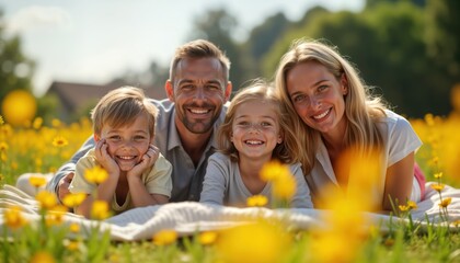 Obraz premium Happy family lies on blanket in yellow flower meadow. Parents, two children smile joyfully. Relaxing spring day. Picnic in park. Nature scenery. Family enjoying nature. Sunshine bright. Family fun.
