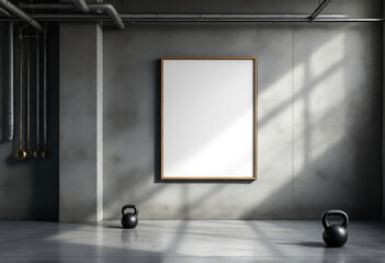 A white-framed picture hangs on a gray wall, accompanied by two black kettlebells on a concrete floor. A4 frame mockup