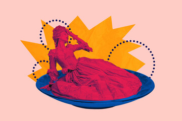 Creative sketch collage of tired mysterious girl lay plate eat royal breakfast nutrition rococo prehistoric era renaissance