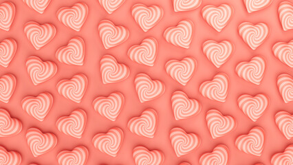 Coral pink spiral hearts arranged on a coral background. Valentine's day romantic backdrop. 3d render illustration.