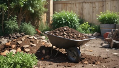 Compost pile with earthy tones and garden wheelbarrow in the background, green thumb, compost heap