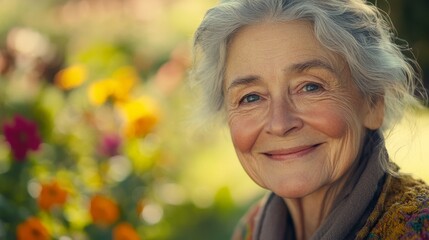 portrait of a beautiful grandmother in her garden at sunrise