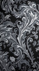 Intricate floral pattern in shades of gray on a dark background for modern decor