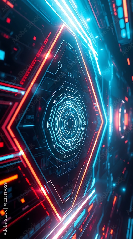 Poster dynamic geometric shapes create a striking visual effect with bold blue and red lines