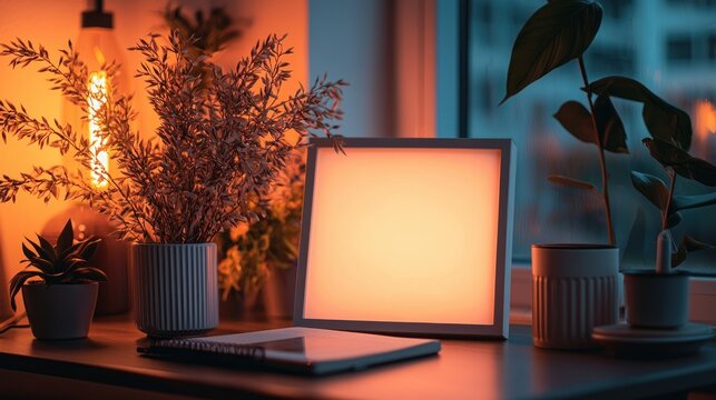 Glowing frame by window with plants, notebook, cozy home office