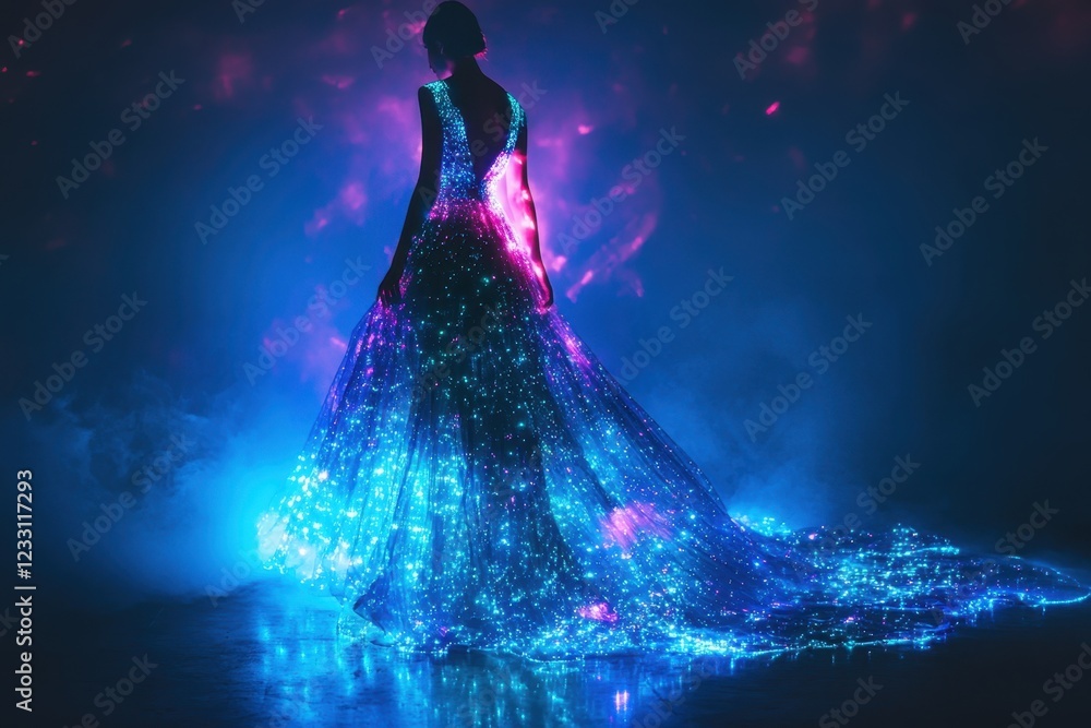 Poster evening gown illuminated with a vibrant light display creates a magical visual experience