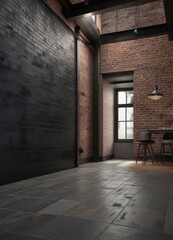 Obraz premium Contemporary loft with glossy black tiles and rustic brick background, interior design, modern, tiles