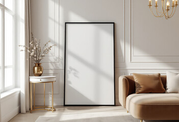 A large white picture frame with a gold frame stands on a white table, accompanied by a gold vase with white flowers and a gold chandelier. A4 frame mockup