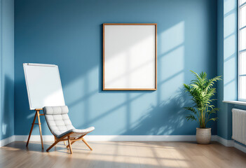 A whiteboard leans against a blue wall, accompanied by a wooden easel and a potted plant, in a bright and airy room. A4 frame mockup