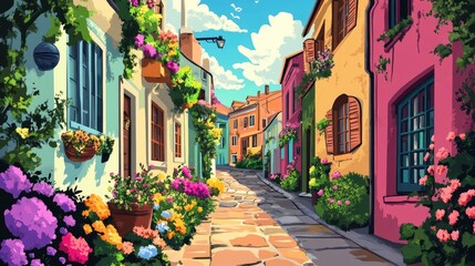 Fototapeta premium illustration of local passage with buildings and flowers in vivid colorful,
