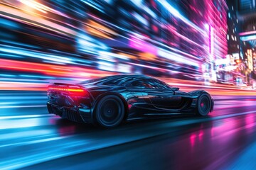 Fast sports car speeding through city streets at night with vibrant neon lights