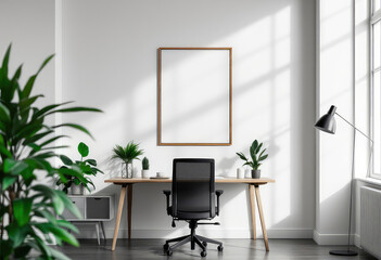 A modern office space features a wooden desk with a black office chair, a white wall with a large blank white frame, and three potted plants, with a black floor lamp on the right side. A4 frame mockup