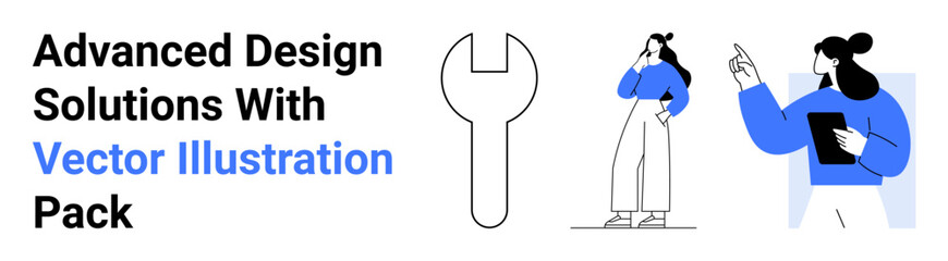 Wrench between two individuals analyzing ideas, holding a tablet, and brainstorming. Ideal for teamwork, problem-solving, design, creativity, innovation, collaboration flat landing page banner