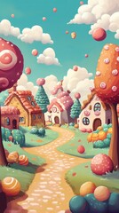 Obraz premium Whimsical Candy Village Path Scene With Floating Sweets