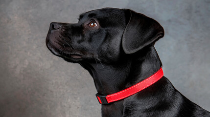 Elegant black dog in profile, wearing red collar under studio lighting, showcasing sleek fur and refined posture, perfect for premium pet campaigns, modern aesthetics, and stylish branding.