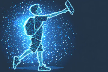 Glowing wireframe of a teacher standing in front of a classroom, symbolizing education, technology, and innovation