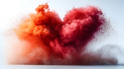 Red color powder explosion forming heart shape symbolizing love romance and relationships isolated on a white background or transparent jpg