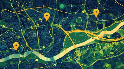 Illustration of London with flat map pins, representing network and connections technology concept.