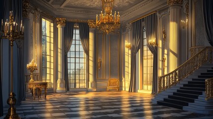 Illustration of medieval banquet room in baroque style with columns, stairways, curtained windows, and gold chandeliers. Interior of a castle hall with columns, staircases, curtains, and gold
