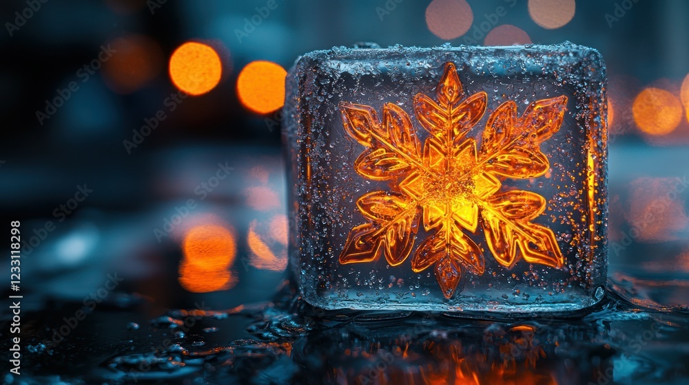 Poster glowing snowflake in ice cube on wet surface with bokeh background