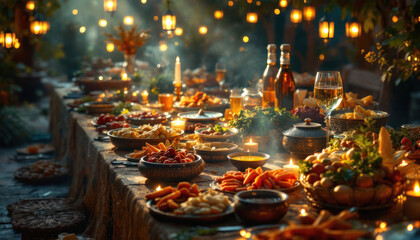 A Lavish Medieval Feast Under the Stars: A Bountiful Table of Roasted Meats, Steamed Vegetables, and Artisanal Breads.