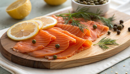 Smoked salmon with lemon slices and capers on wooden board