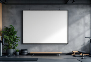 A large white blank canvas hangs on a gray wall, accompanied by a black bench, a black plant, and a wooden bench, creating a minimalist and modern gym or studio space. A4 frame mockup