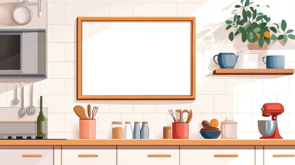 illustration of mock-up wall decor frame, empty frame in kitchen room