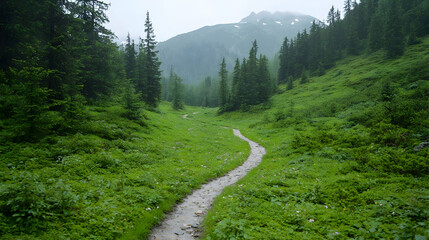 Obraz premium Mountain trail, lush greenery, misty peaks, hiking path, nature background