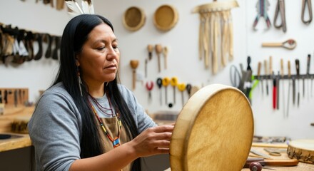 A woman is working on a drum in a workshop