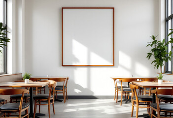 A modern restaurant features a white wall with a large wooden frame, a blank white canvas, and a large window with a plant, creating a serene and inviting atmosphere. A4 Frame Mockup