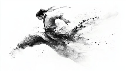 A powerful martial performer delivers a high kick in mid-air, enhanced by a striking ink splash