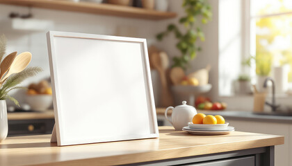 A white picture frame with a blank canvas sits on a wooden kitchen counter, accompanied by a white teapot, a bowl of oranges, and a plant. A4 Frame Mockup