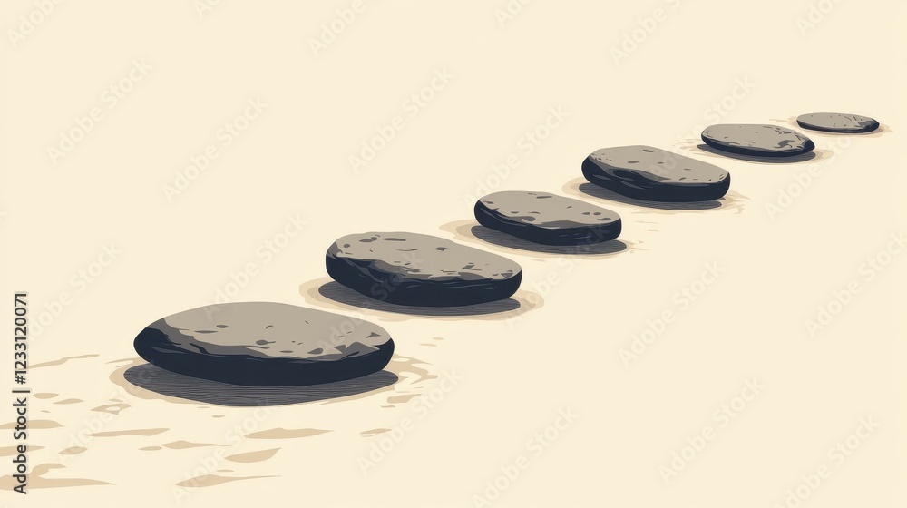 Poster a minimalist 2d vector design showcasing a simple path of evenly spaced stepping stones in neutral t
