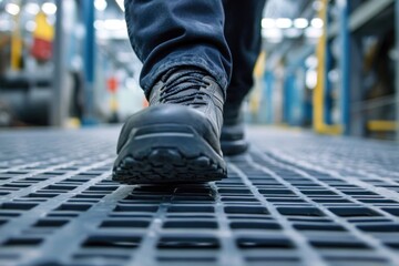 Fototapeta premium Industrial Safety Footwear: A Close-Up of Sturdy Work Boots on a Metal Grid Floor