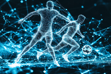 Futuristic glowing wireframe of a virtual fitness coach guiding exercises in a digital environment