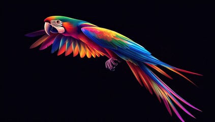 Fototapeta premium Vibrant Macaw in Flight: A Rainbow of Feathers Against Black