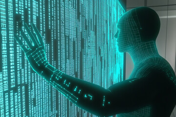 Futuristic glowing wireframe of a virtual fitness coach guiding workout session