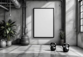 A black and white image of a gym interior features a large white poster on the wall, two black kettlebells, and two potted plants. A4 frame mockup