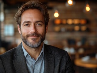 Fototapeta premium Close up portrait of a man with grey hair and beard wearing a jacket in a cafe or restaurant