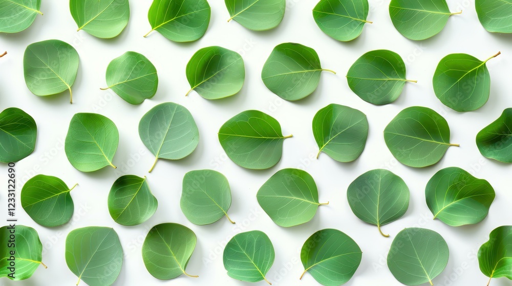 Poster fresh green eucalyptus branches arranged flat on a clean white backdrop, creating a serene and calmi