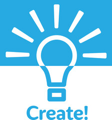 Bright white rays shine from a light bulb symbol of creativity on blue negative space.