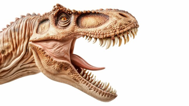 A fierce portrait of a Tyrannosaurus, showcasing its sharp teeth and fierce gaze against a  white backdrop.