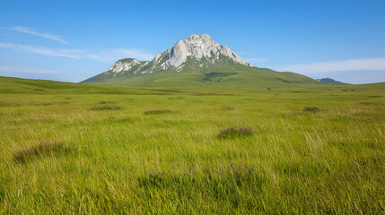 Mountain landscape, green meadow, clear sky, summer day, nature travel