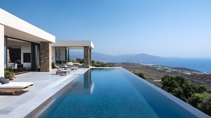Fototapeta premium Luxury Modern Villa Infinity Pool Stunning Ocean View Hilltop Home Mediterranean Architecture Design Real Estate Property Sea Breeze Vacation 