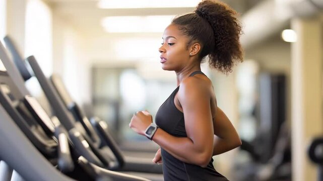 Woman running on treadmill in modern gym during afternoon workout session for fitness and cardio training