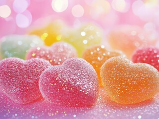 Obraz premium Close-up of colorful heart candies glowing under soft pink lighting, with glitter accents reflecting a dreamy valentine ambiance